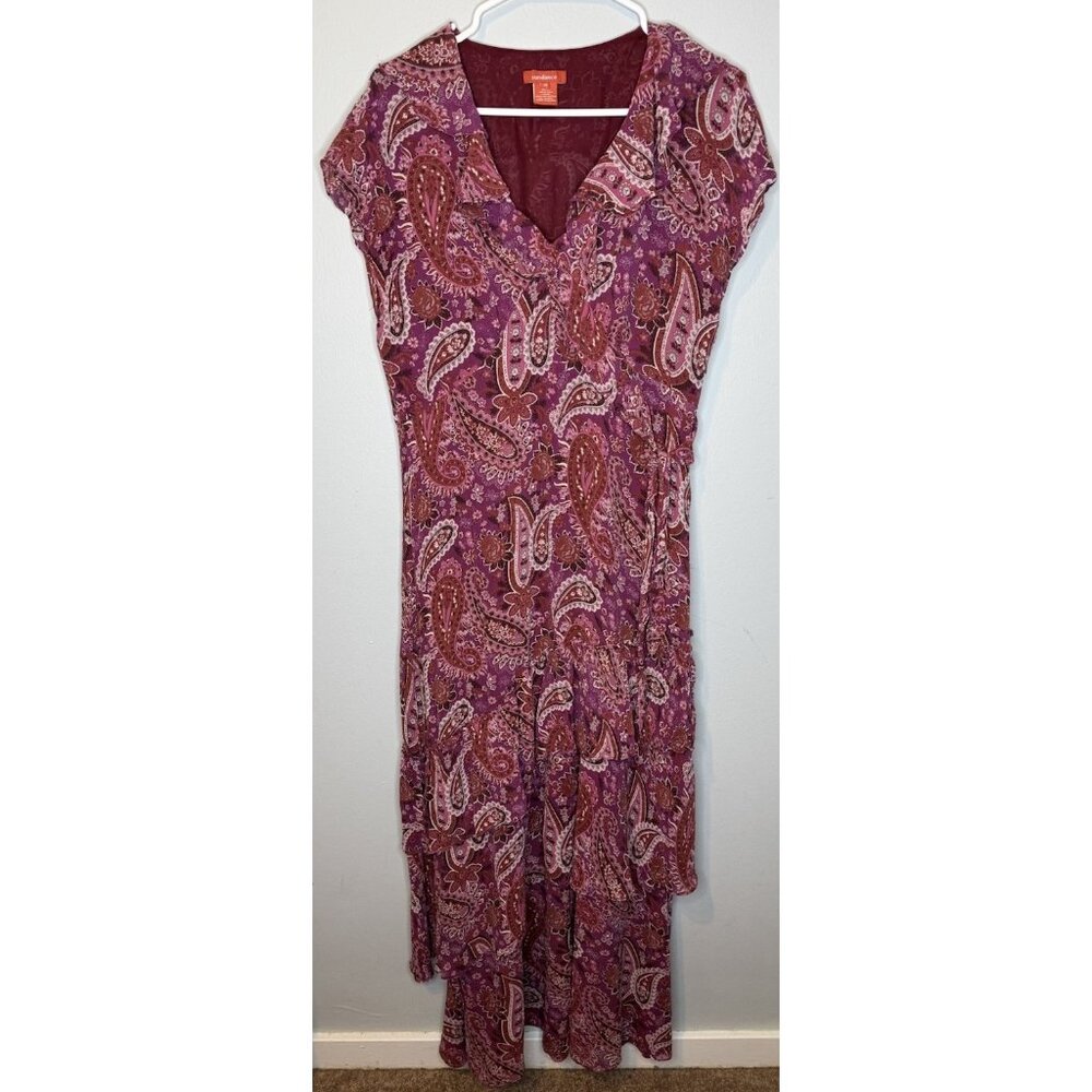Sundance 14 Silk Long Wrap Dress Tiered Short Sleeve Paisley Print Purple